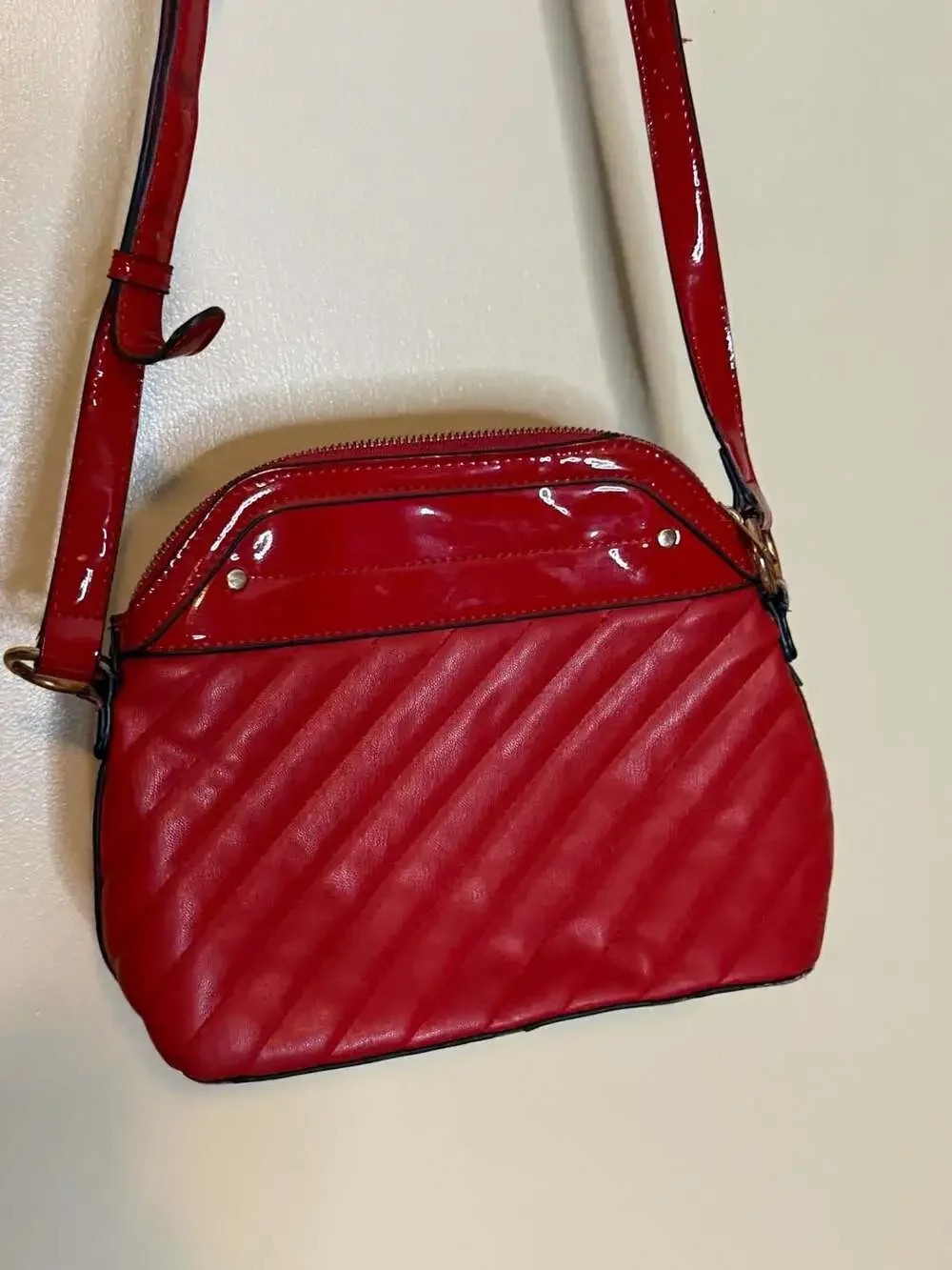Olivia & Kate Red Quilted Patent Faux Leather Crossbody Shoulder Bag